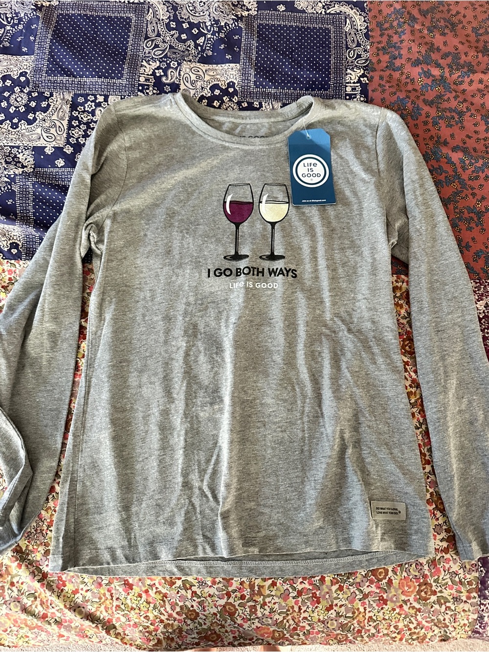 Life Is Good Women’s Gray Long Sleeve Tee with Wine Glass Graphic